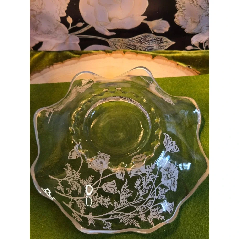 Vintage‎ Silver Overlay Clear Glass Ruffled Floral Poppy Bowl Scalloped Rim